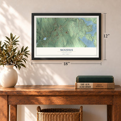 Moodus, Connecticut map, 12 x 18 inch print in a black frame in an entryway