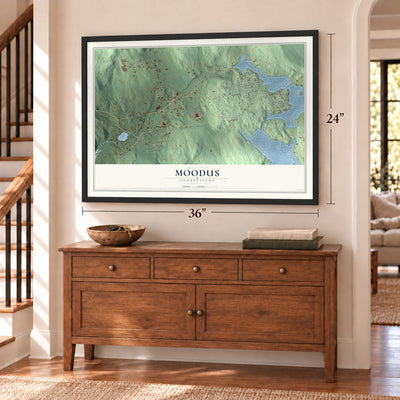 Moodus, Connecticut map, 24 x 36 inch print in a black frame above a dresser by a staircase