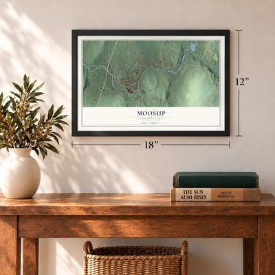 Moosup, Connecticut map, 12 x 18 inch print in a black frame in an entryway
