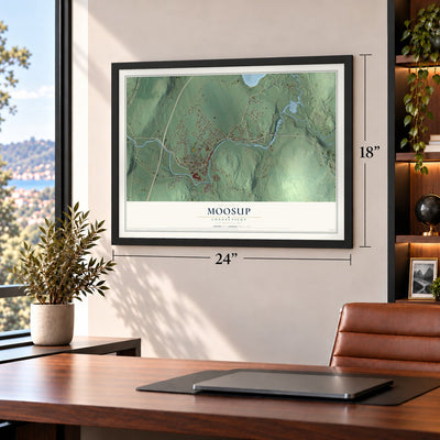 Moosup, Connecticut map, 18 x 24 inch print in a black frame in a home office