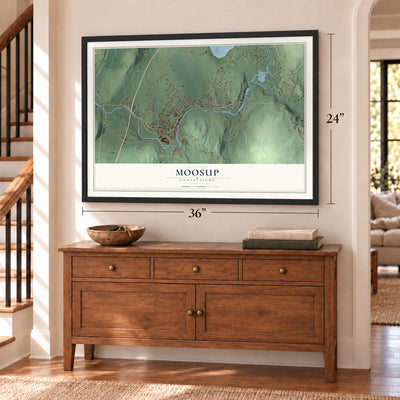 Moosup, Connecticut map, 24 x 36 inch print in a black frame above a dresser by a staircase