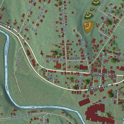 Close-up of the map of Moosup, Connecticut print showing street and building detail