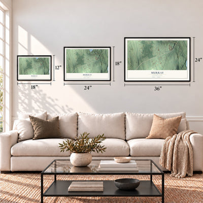 Murray, Connecticut map in 12 x 18, 18 x 24 and 24 x 36 inch sizes above a sofa