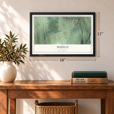 Murray, Connecticut map, 12 x 18 inch print in a black frame in an entryway