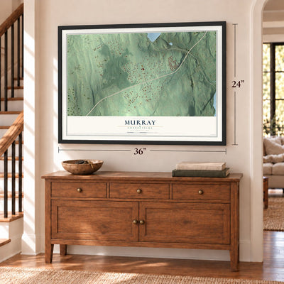Murray, Connecticut map, 24 x 36 inch print in a black frame above a dresser by a staircase