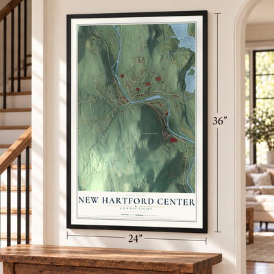 New Hartford Center, Connecticut map, 24 x 36 inch print in a black frame by a staircase