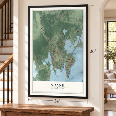 Noank, Connecticut map, 24 x 36 inch print in a black frame by a staircase