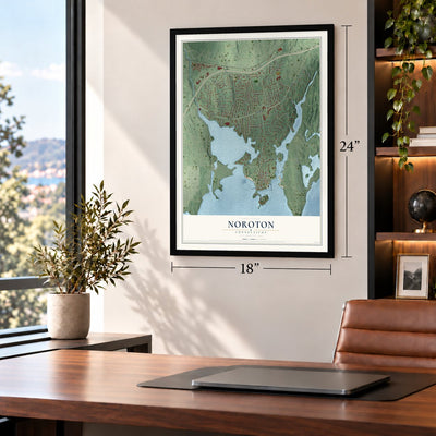 Noroton, Connecticut map, 18 x 24 inch print in a black frame in a home office