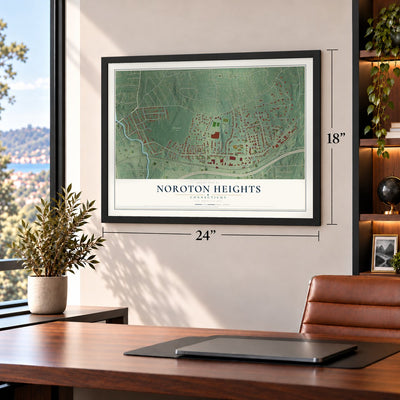 Noroton Heights, Connecticut map, 18 x 24 inch print in a black frame in a home office