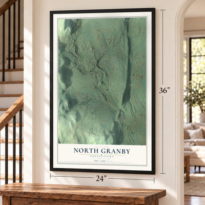 North Granby, Connecticut map, 24 x 36 inch print in a black frame by a staircase