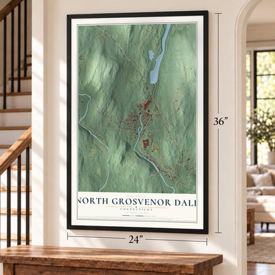 North Grosvenor Dale, Connecticut map, 24 x 36 inch print in a black frame by a staircase