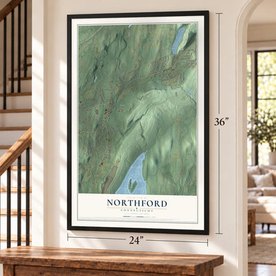 Northford, Connecticut map, 24 x 36 inch print in a black frame by a staircase