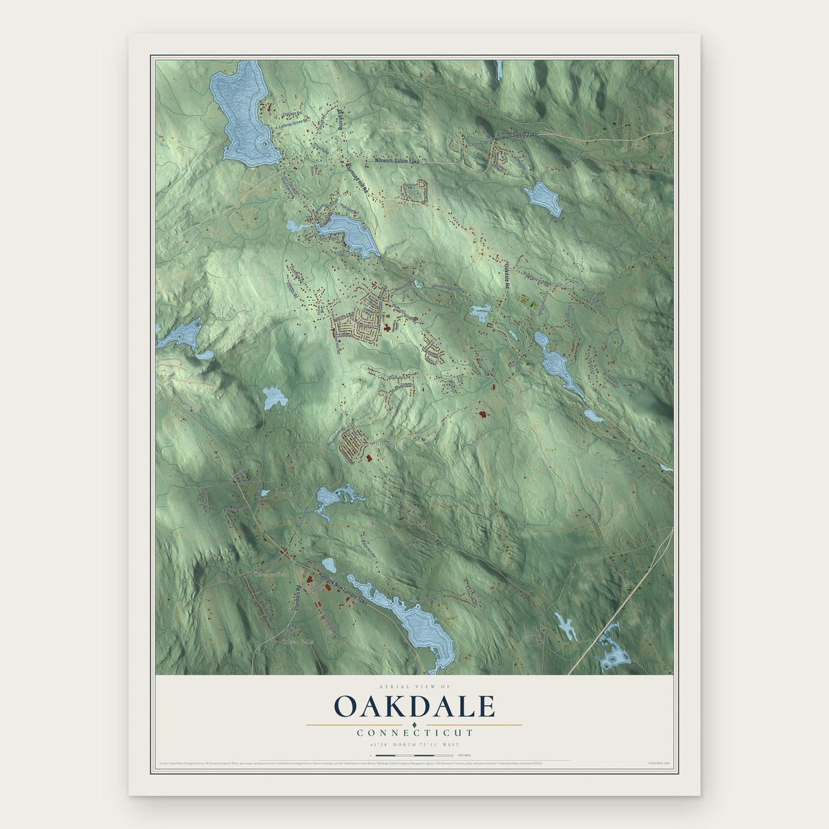 Oakdale, Connecticut map print, the full design