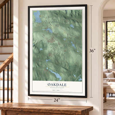 Oakdale, Connecticut map, 24 x 36 inch print in a black frame by a staircase