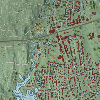 Close-up of the map of Old Greenwich, Connecticut print showing street and building detail