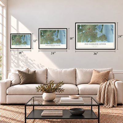 Old Saybrook Center, Connecticut map in 12 x 18, 18 x 24 and 24 x 36 inch sizes above a sofa