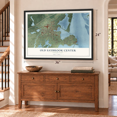 Old Saybrook Center, Connecticut map, 24 x 36 inch print in a black frame above a dresser by a staircase