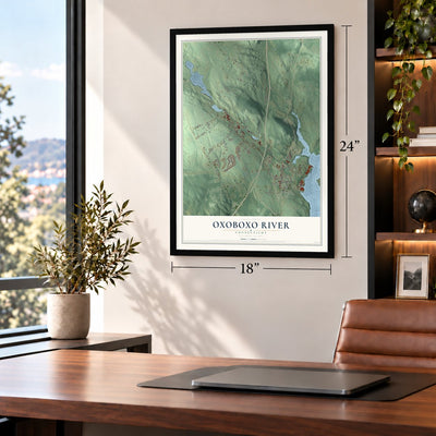 Oxoboxo River, Connecticut map, 18 x 24 inch print in a black frame in a home office