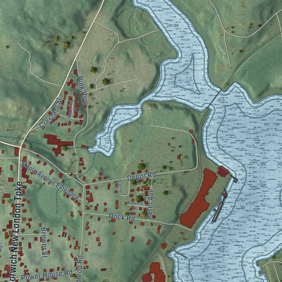 Close-up of the map of Oxoboxo River, Connecticut print showing street and building detail