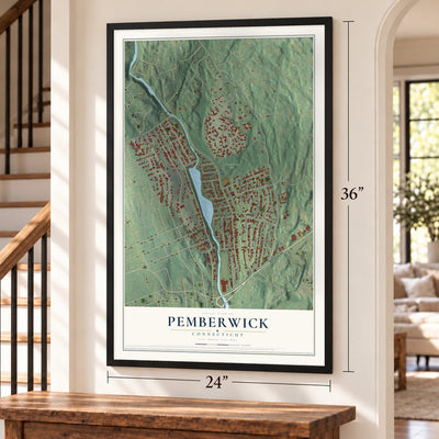 Pemberwick, Connecticut map, 24 x 36 inch print in a black frame by a staircase