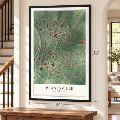 Plantsville, Connecticut map, 24 x 36 inch print in a black frame by a staircase