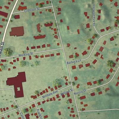 Close-up of the map of Plantsville, Connecticut print showing street and building detail