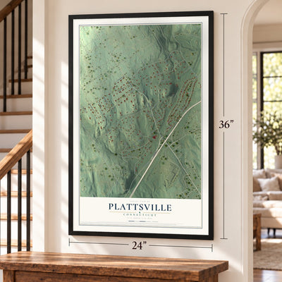 Plattsville, Connecticut map, 24 x 36 inch print in a black frame by a staircase