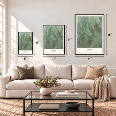 Ponus, Connecticut map in 12 x 18, 18 x 24 and 24 x 36 inch sizes above a sofa