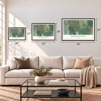 Poquonock Bridge, Connecticut map in 12 x 18, 18 x 24 and 24 x 36 inch sizes above a sofa