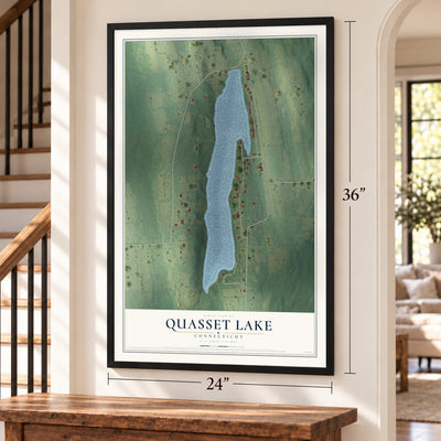 Quasset Lake, Connecticut map, 24 x 36 inch print in a black frame by a staircase
