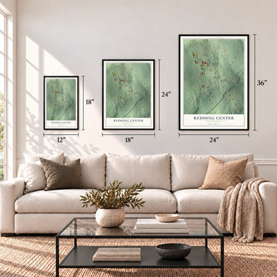 Redding Center, Connecticut map in 12 x 18, 18 x 24 and 24 x 36 inch sizes above a sofa