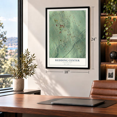 Redding Center, Connecticut map, 18 x 24 inch print in a black frame in a home office