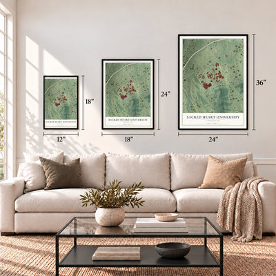 Sacred Heart University, Connecticut map in 12 x 18, 18 x 24 and 24 x 36 inch sizes above a sofa