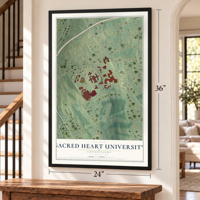 Sacred Heart University, Connecticut map, 24 x 36 inch print in a black frame by a staircase