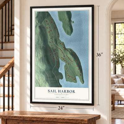 Sail Harbor, Connecticut map, 24 x 36 inch print in a black frame by a staircase