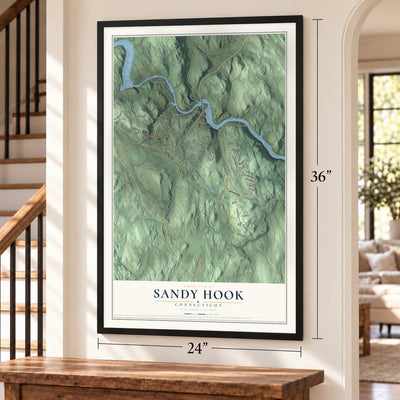 Sandy Hook, Connecticut map, 24 x 36 inch print in a black frame by a staircase