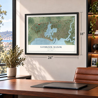 Saybrook Manor, Connecticut map, 18 x 24 inch print in a black frame in a home office