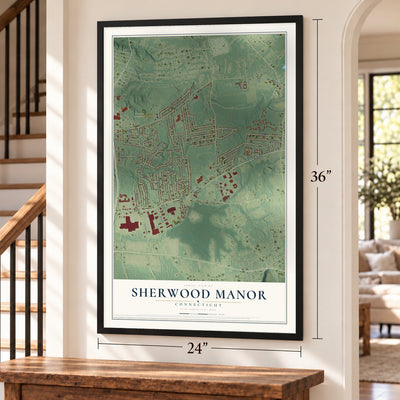 Sherwood Manor, Connecticut map, 24 x 36 inch print in a black frame by a staircase