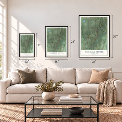 Simsbury Center, Connecticut map in 12 x 18, 18 x 24 and 24 x 36 inch sizes above a sofa