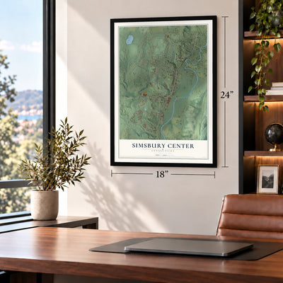 Simsbury Center, Connecticut map, 18 x 24 inch print in a black frame in a home office