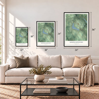 South Coventry, Connecticut map in 12 x 18, 18 x 24 and 24 x 36 inch sizes above a sofa
