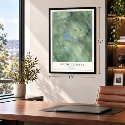 South Coventry, Connecticut map, 18 x 24 inch print in a black frame in a home office