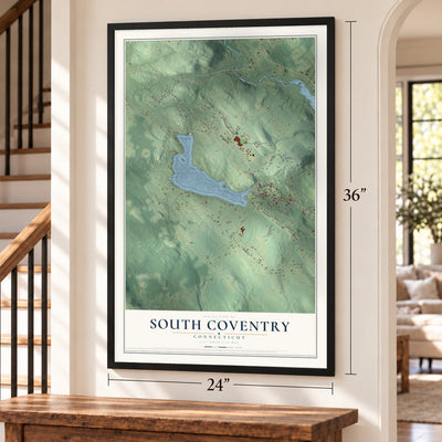 South Coventry, Connecticut map, 24 x 36 inch print in a black frame by a staircase