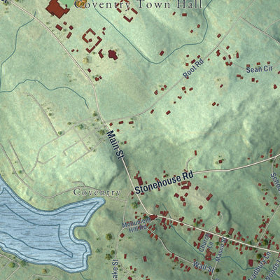 Close-up of the map of South Coventry, Connecticut print showing street and building detail