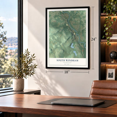 South Windham, Connecticut map, 18 x 24 inch print in a black frame in a home office