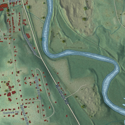 Close-up of the map of South Windham, Connecticut print showing street and building detail