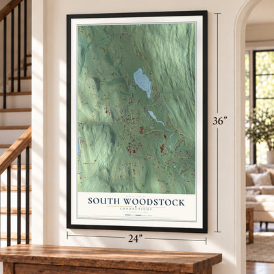 South Woodstock, Connecticut map, 24 x 36 inch print in a black frame by a staircase
