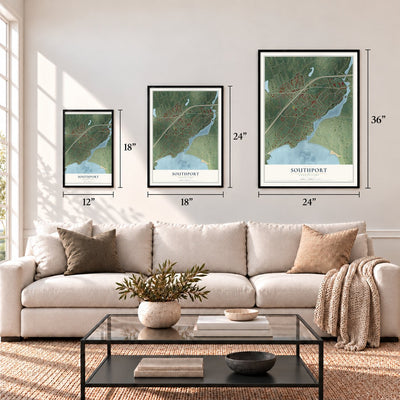 Southport, Connecticut map in 12 x 18, 18 x 24 and 24 x 36 inch sizes above a sofa