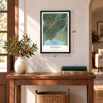 Southport, Connecticut map, 12 x 18 inch print in a black frame in an entryway