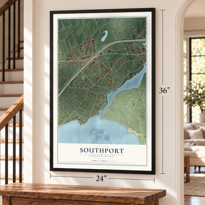 Southport, Connecticut map, 24 x 36 inch print in a black frame by a staircase
